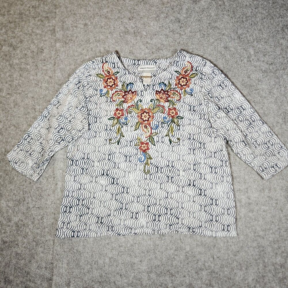 Alfred Dunner Womens Batik Embroidered Floral Chain Casual Top Petite Large